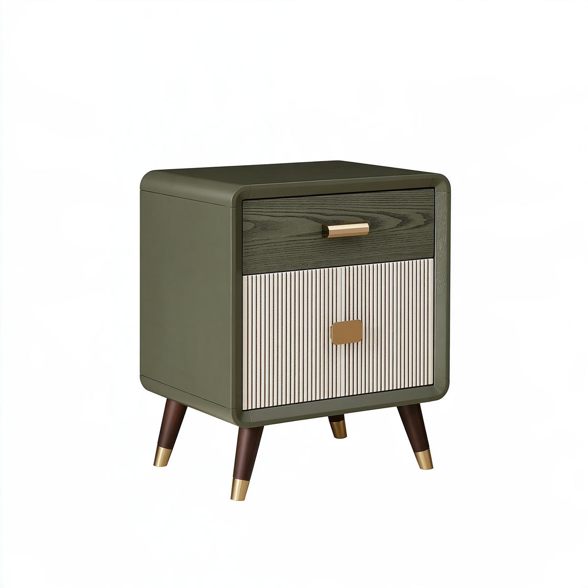Comodino 45 x 40 x 60 cm in legno verde oliva con cassetto e anta a doghe