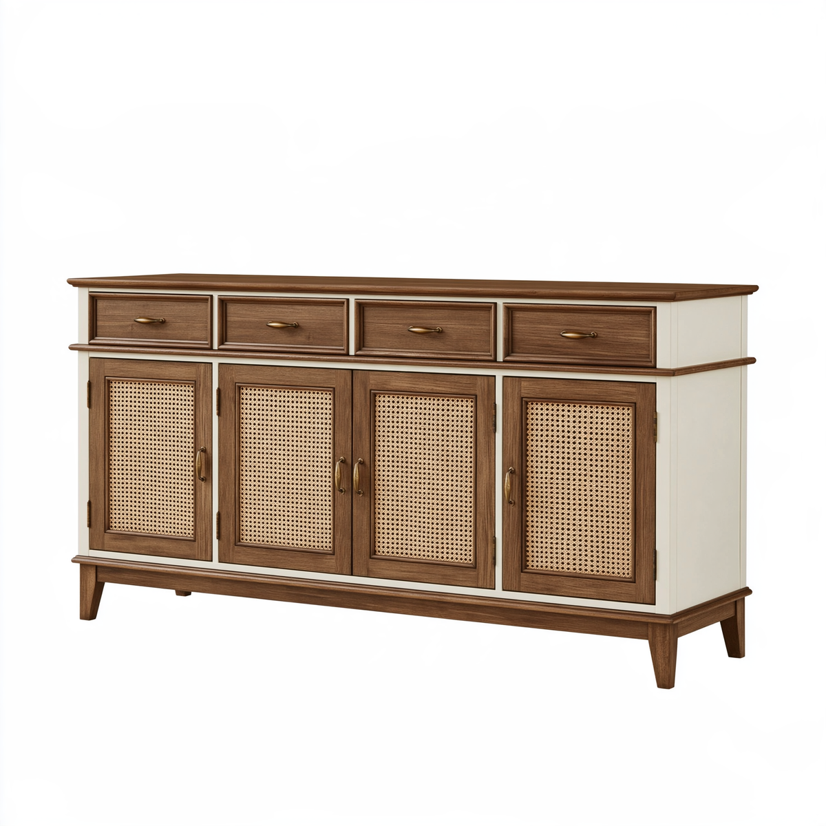 Credenza 160 x 40 x 90 cm in legno marrone e bianco con rattan stile classico