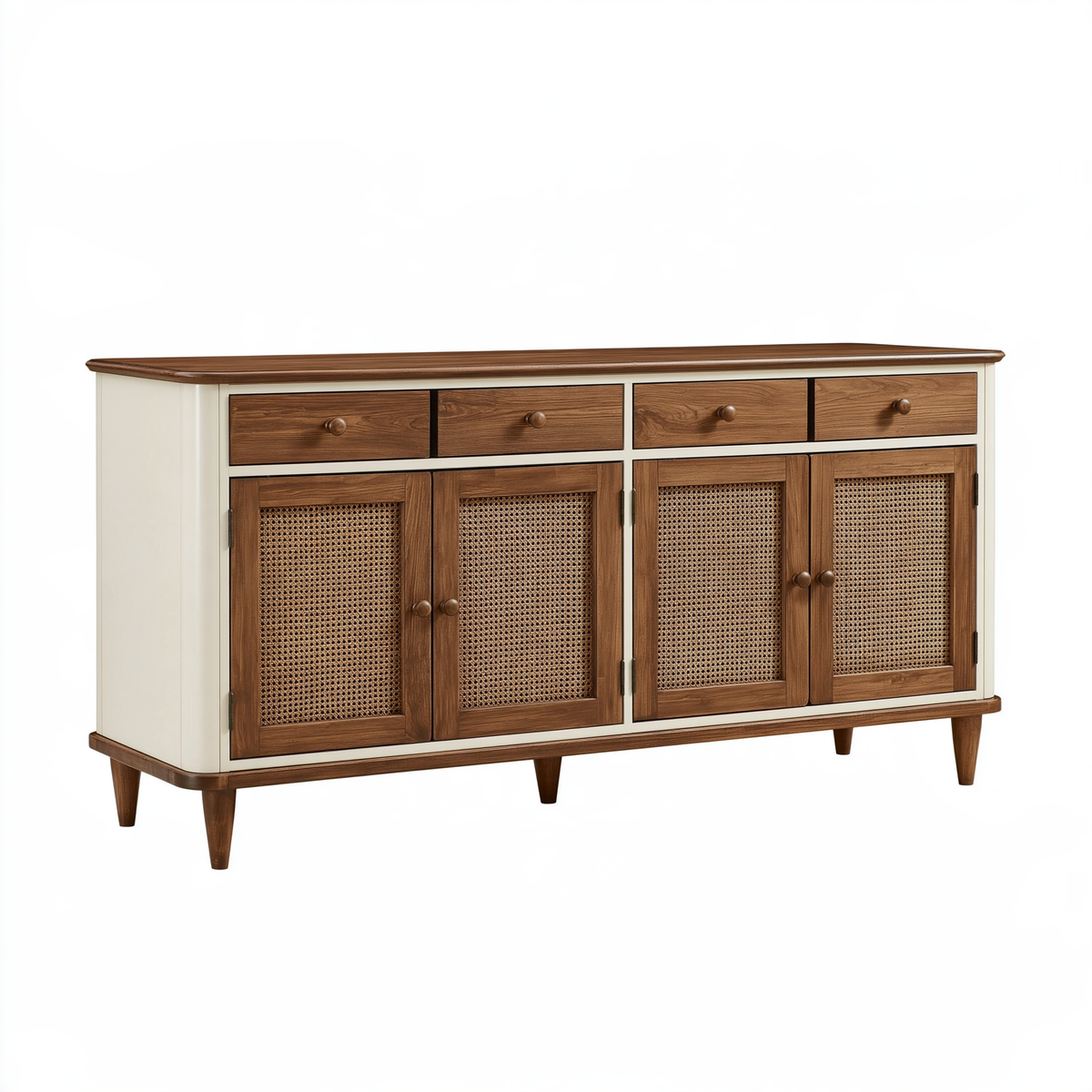 Credenza 180 x 45 x 90 cm in legno marrone e crema con ante in rattan stile retrò