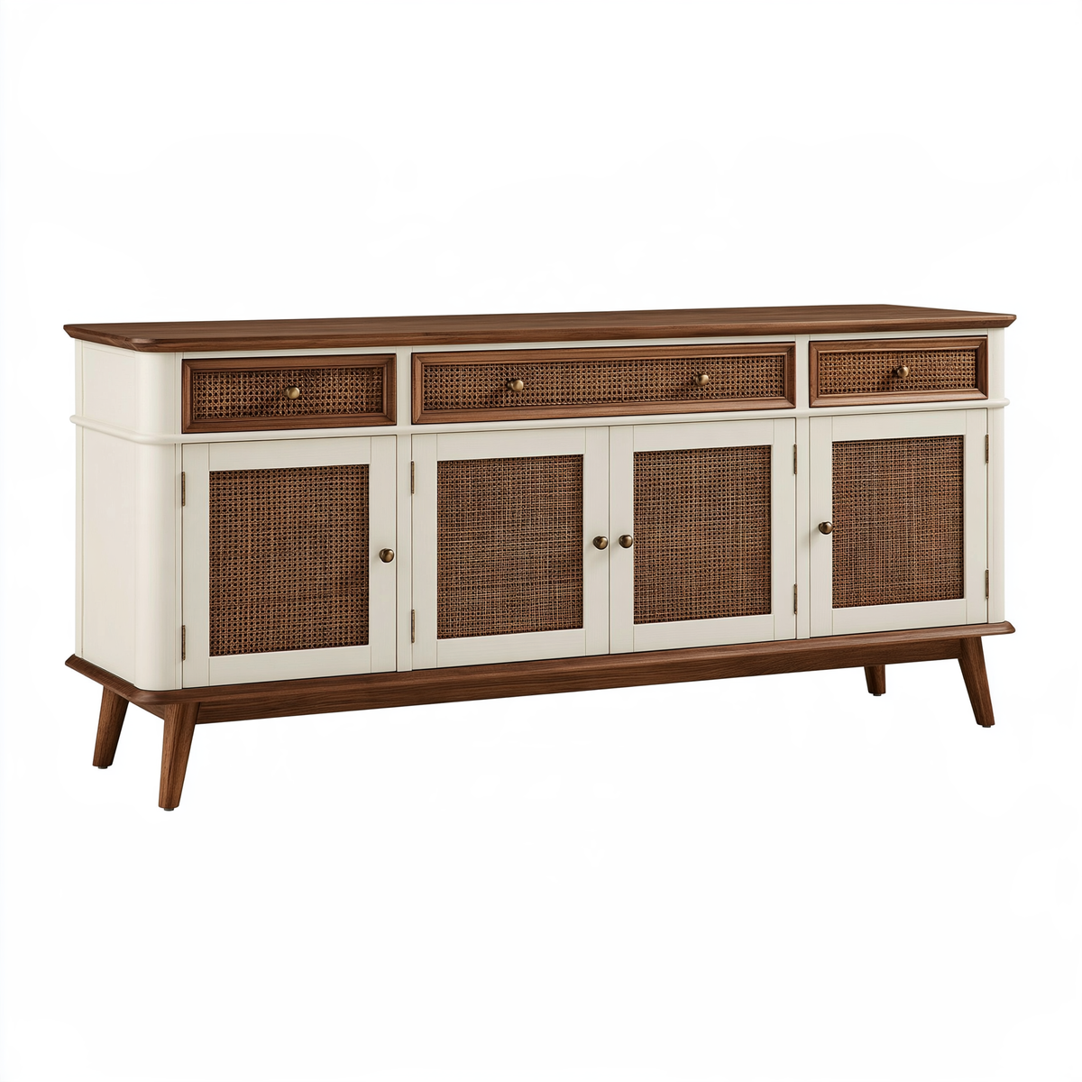 Credenza 180 x 45 x 90 cm in legno bianco e marrone con rattan - stile retrò con ante e cassetti