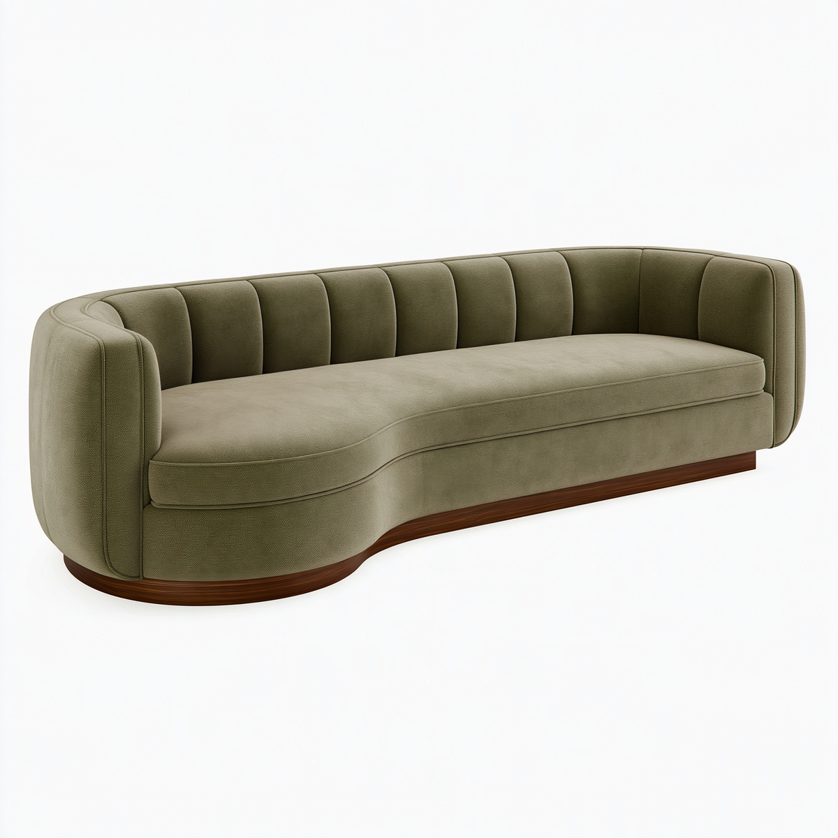 Divano curvo 230 cm in tessuto verde oliva con schienale scanalato