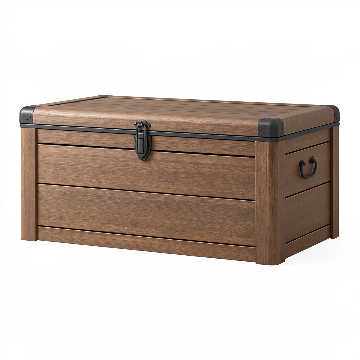 Baule contenitore da esterno 120 x 60 x 65 cm in resina marrone effetto legno stile rustico