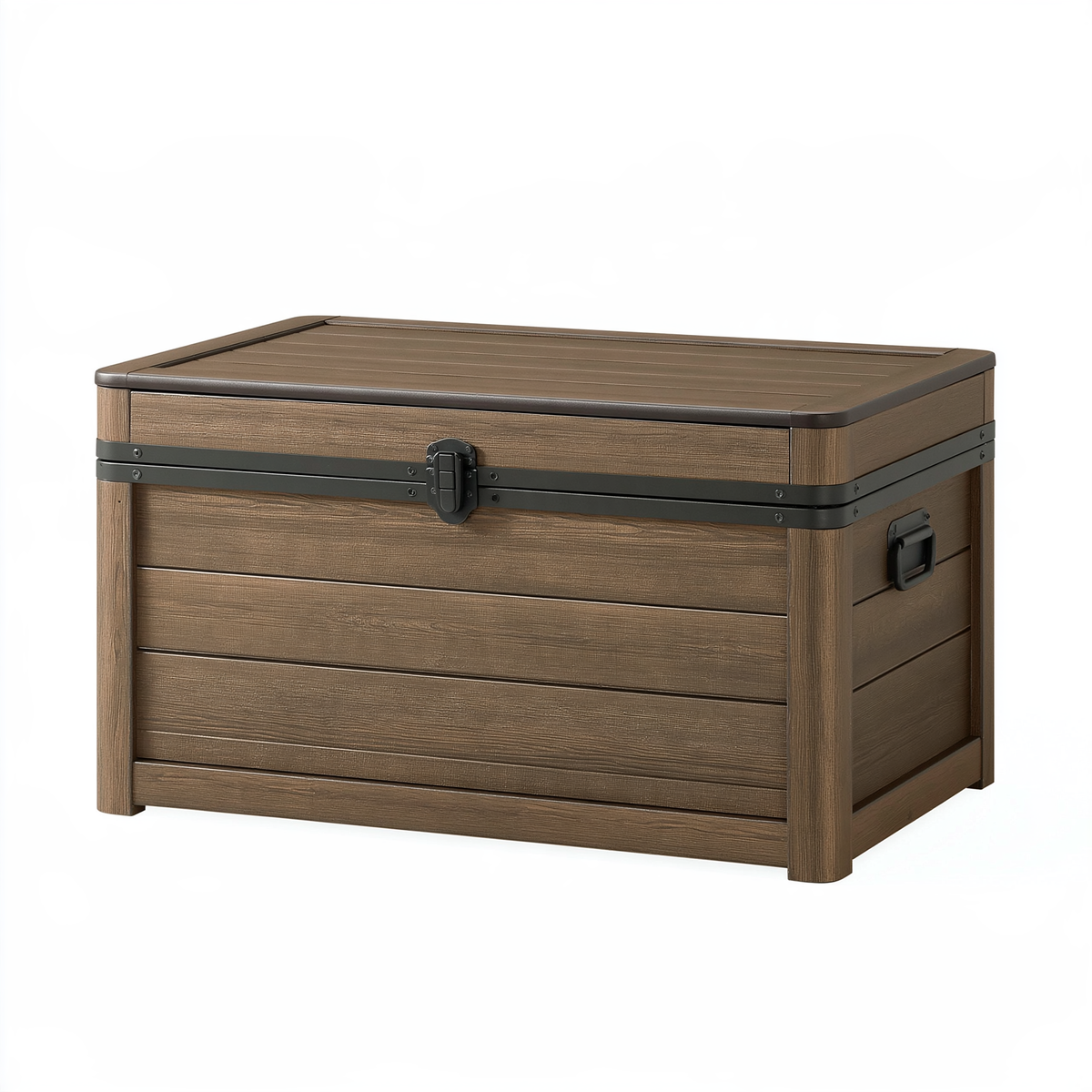 Baule contenitore da esterno 120 x 60 x 65 cm in resina marrone effetto legno con coperchio e maniglie
