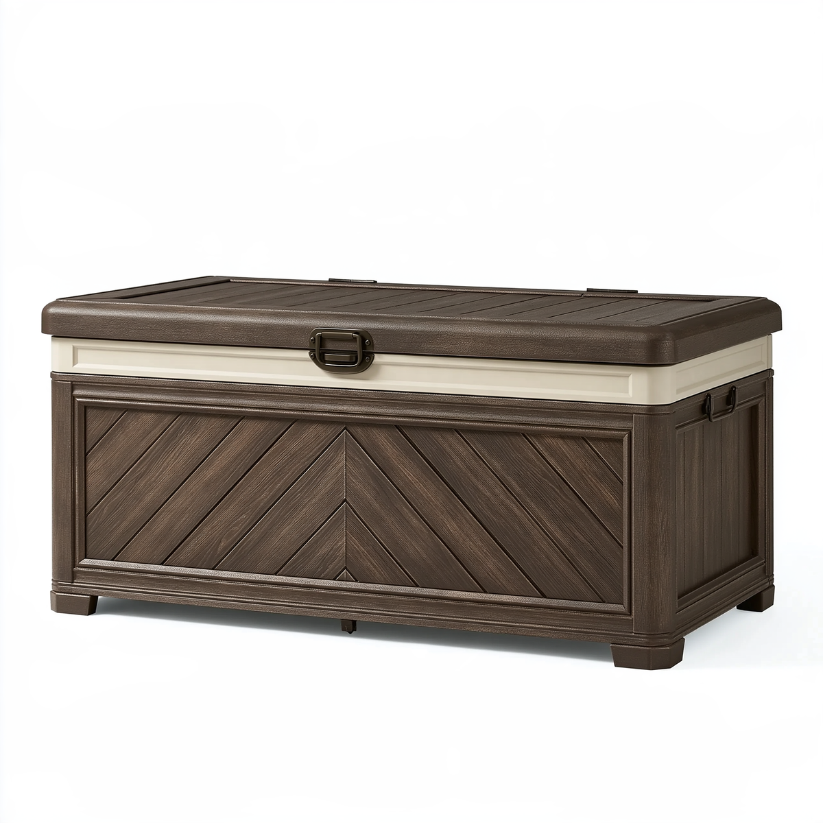Baule contenitore da esterno 150 x 75 x 75 cm in resina marrone/crema stile rustico con coperchio
