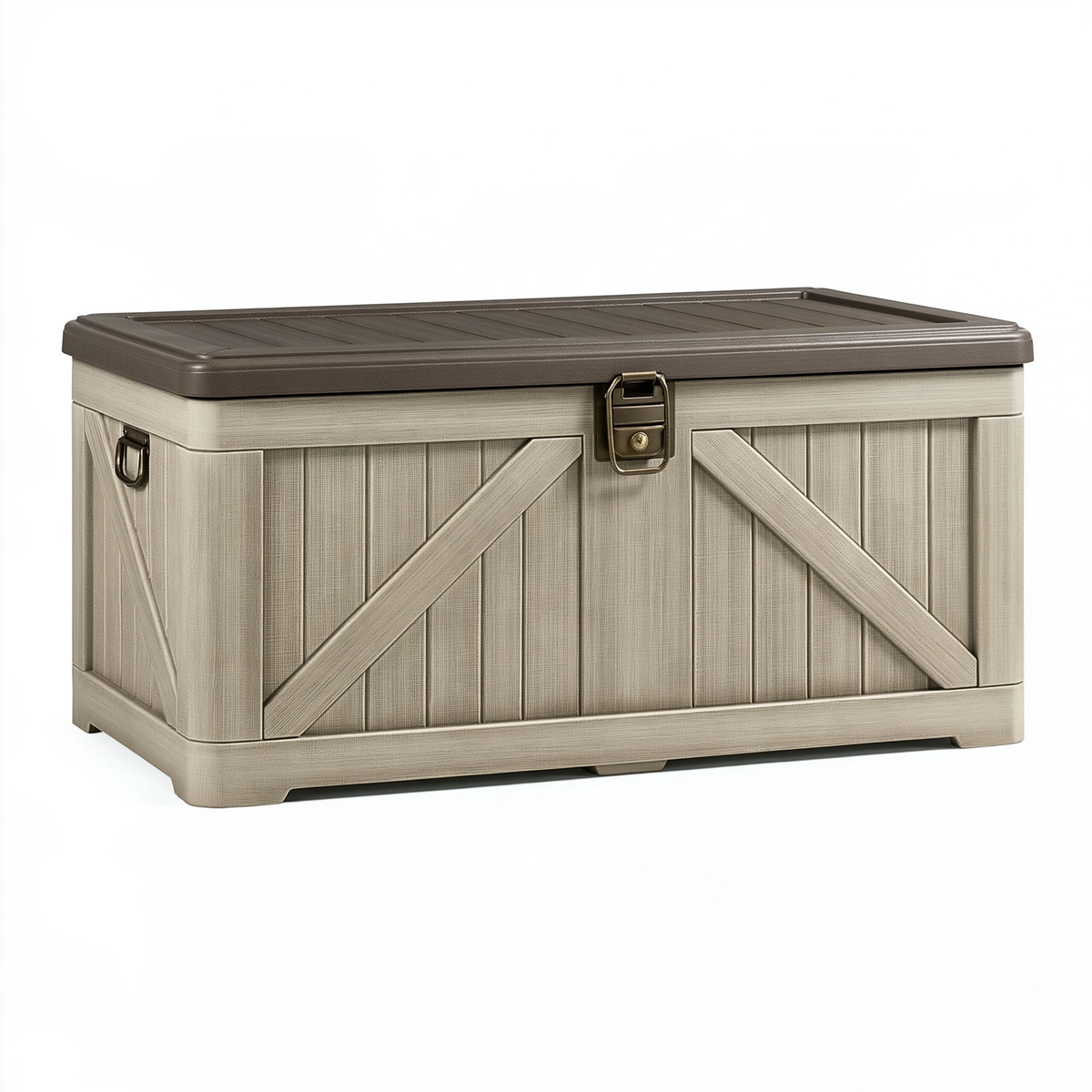 Cassapanca da esterno 120 x 60 x 64 cm in resina beige e tortora con coperchio e chiusura stile rustico