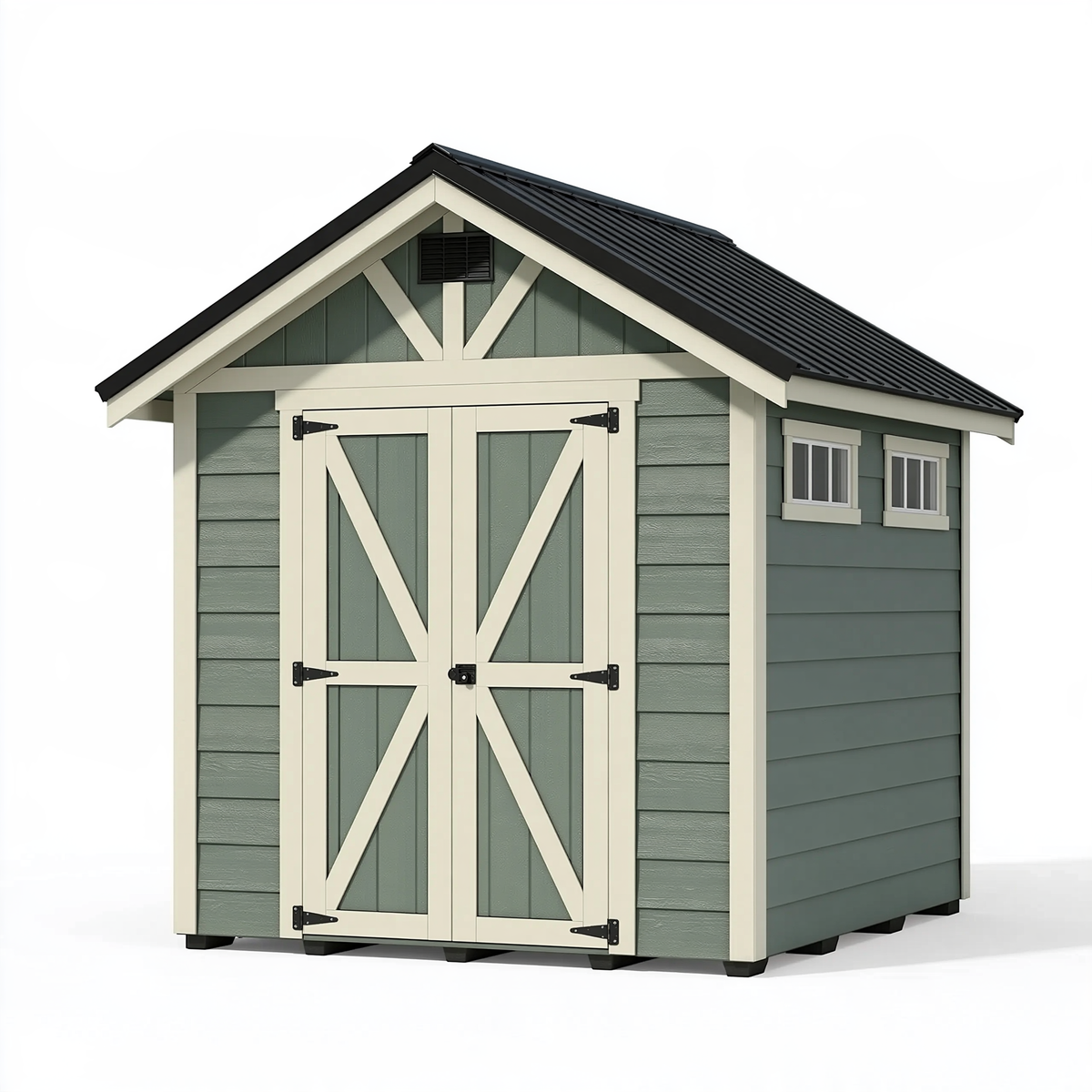 Casetta da giardino 200 x 140 x 220 cm in resina verde salvia con doppia porta stile rustico