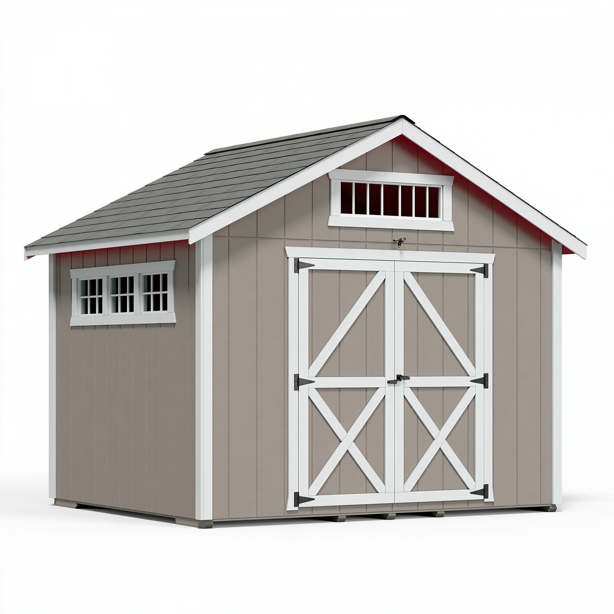 Casetta da giardino 360 x 300 x 300 cm in legno tortora e bianco con doppia porta stile rustico
