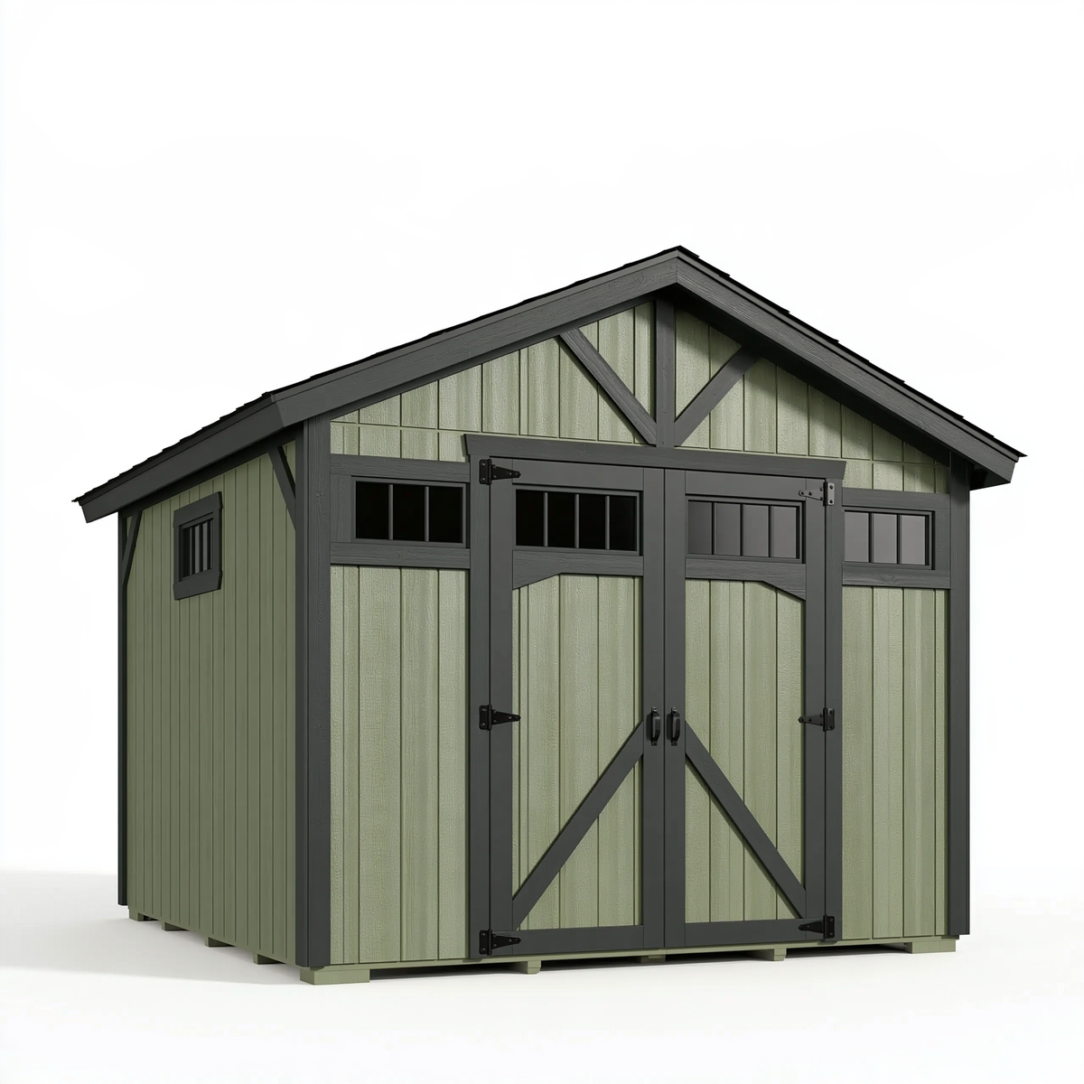 Casetta da giardino 240 x 180 x 220 cm in resina verde salvia con porte doppie stile rustico