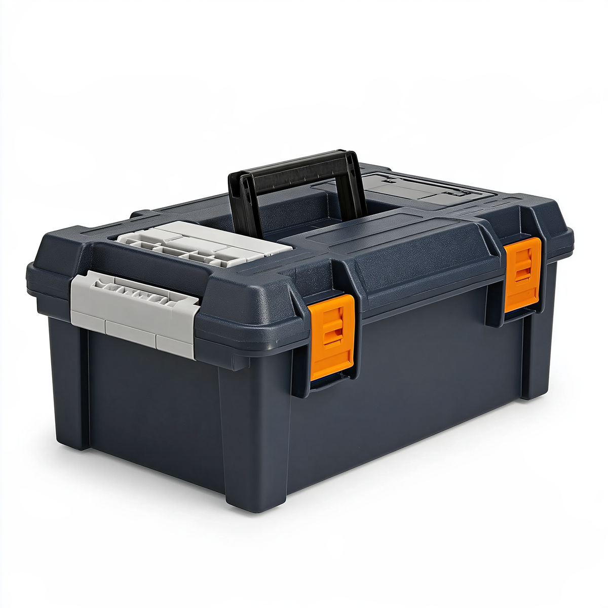 Cassetta portautensili 50 x 30 x 25 cm in plastica grigio scuro con chiusure arancioni - portatile