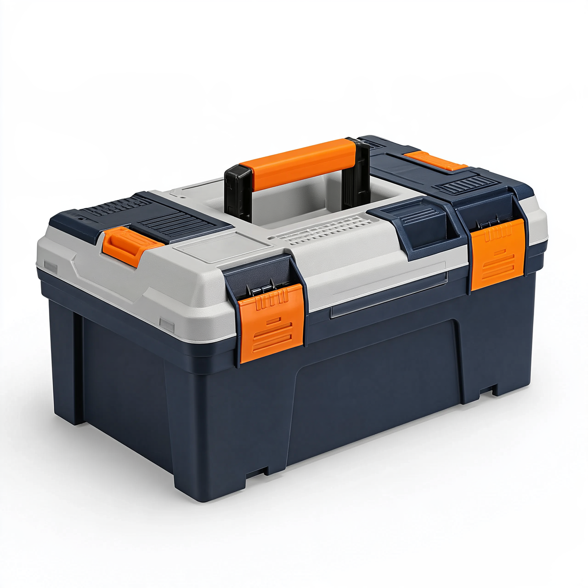Cassetta portautensili 48 x 28 x 25 cm in plastica blu scuro grigio e arancione con maniglia e chiusure
